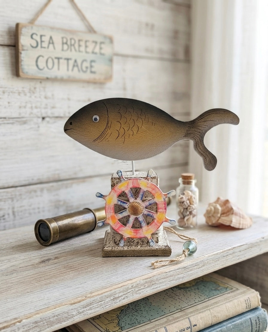 Handcrafted Coastal Fish Sculpture on Stand – Nautical Tabletop Accent