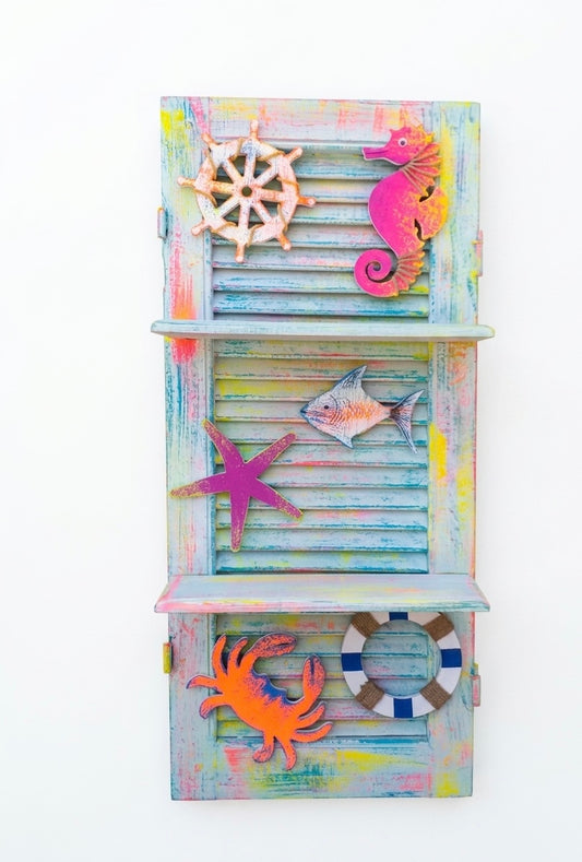 Coastal Shutter Wall Shelf with Nautical Accents