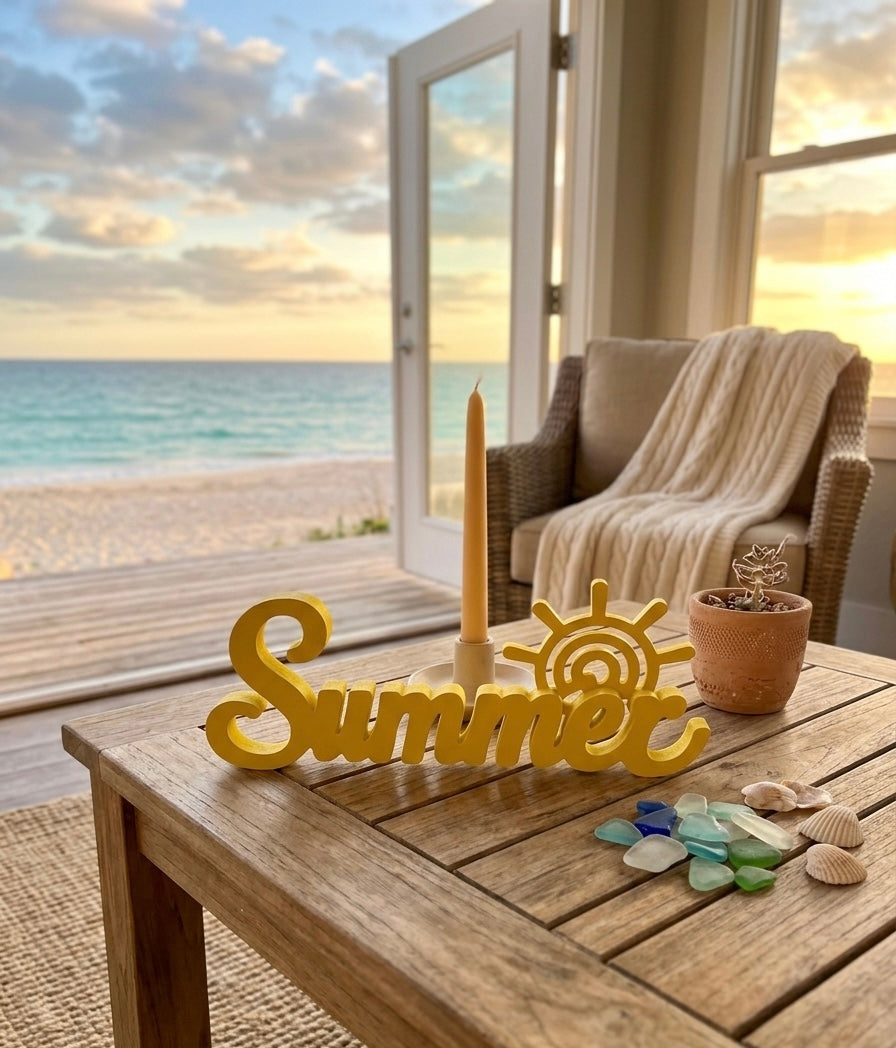 Freestanding "Summer" Script Tabletop Sign – Sun Motif Wood Cutout