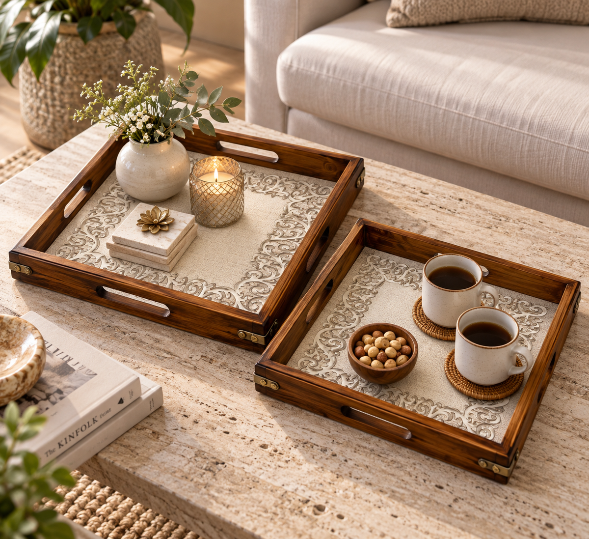 Heritage Carved Wooden Serving Tray Set