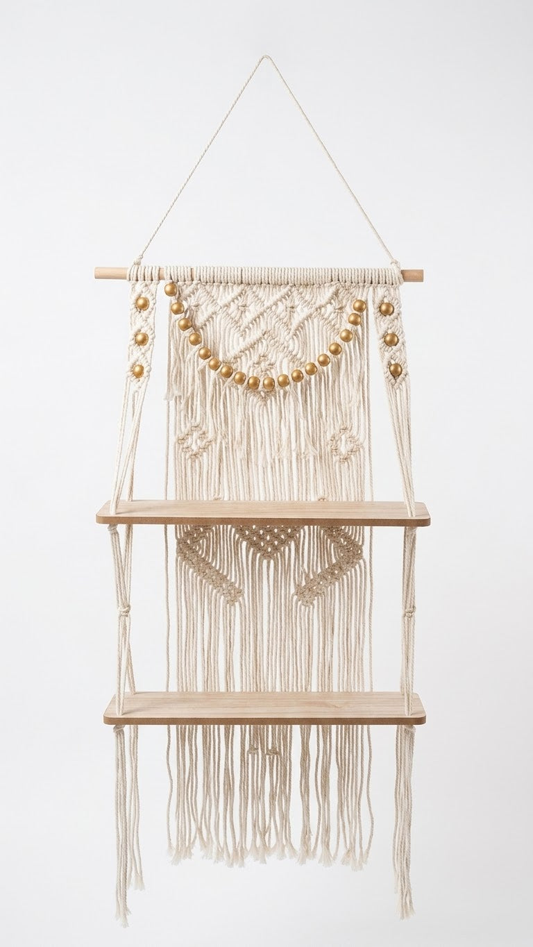 Handmade Macrame Wall Hanging Shelf with Wooden Accents
