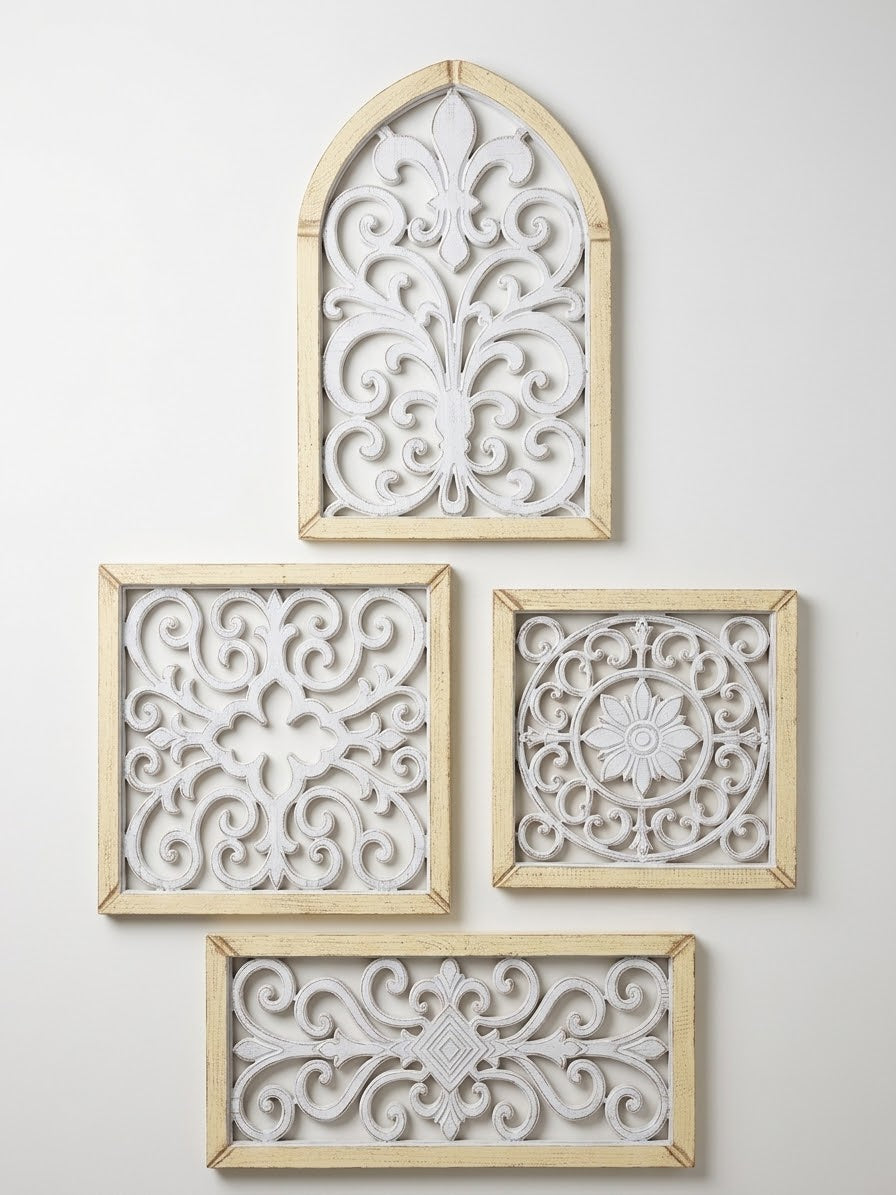 Hand-Carved Wooden Scrollwork Wall Art Set of 4