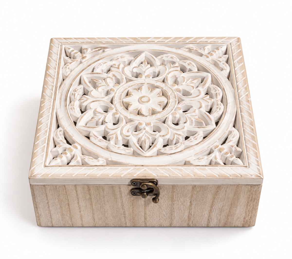 Ornate Carved Wooden Keepsake Box – White & Natural Wood