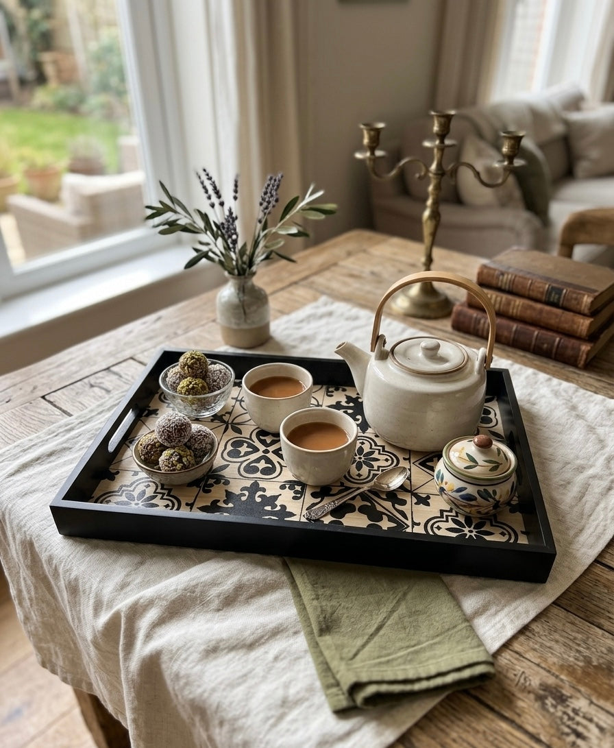 Artisan Monochrome Tiled Wooden Serving Tray
