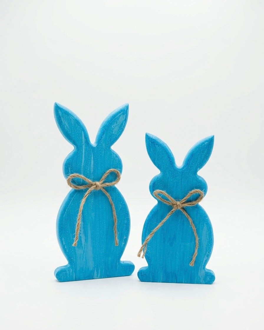 Rustic Hand-Painted Wooden Easter Bunny Set