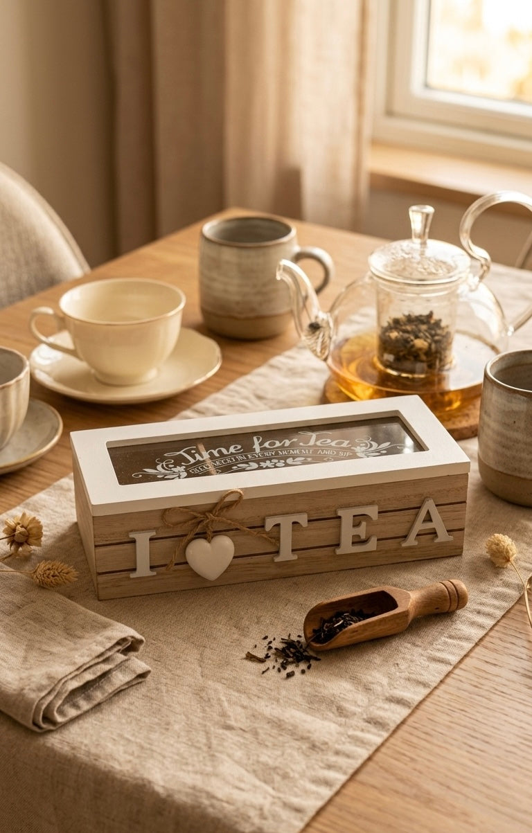 Rustic Wooden 3-Compartment Tea Organizer