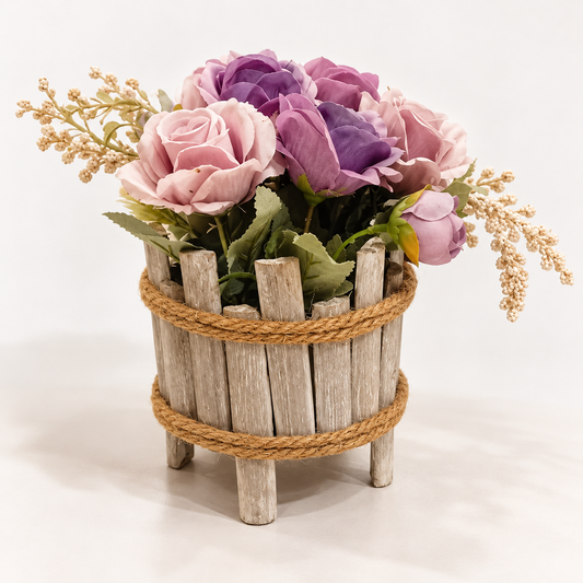 Rustic Wooden Planter with Pastel Rose Arrangement
