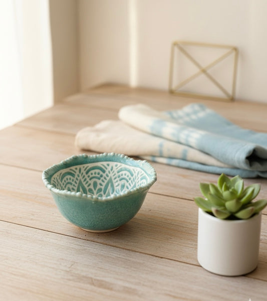 Handcrafted Teal Mandala Ceramic Snack Bowl