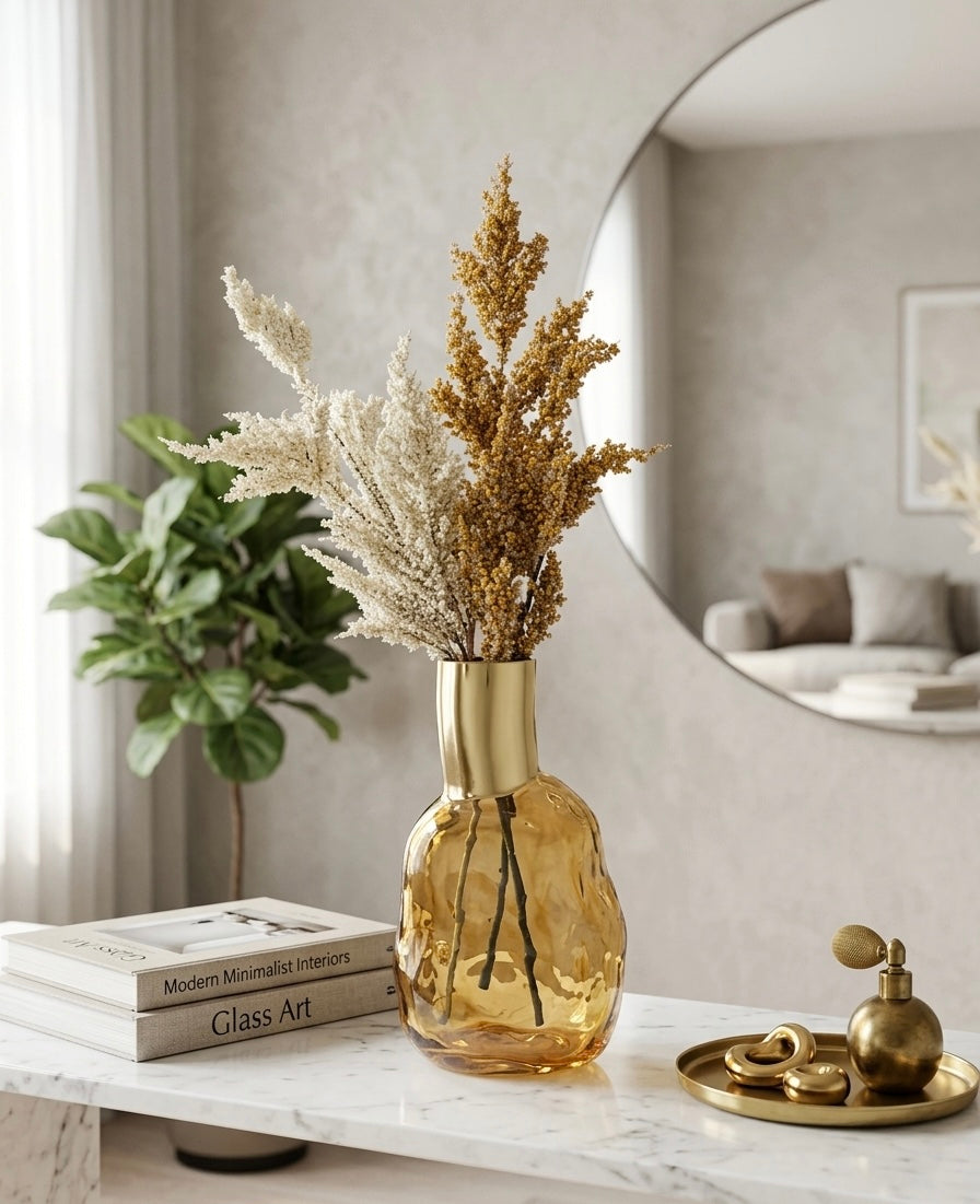 Gilded Amber Irregular Glass Vase & Botanical Set