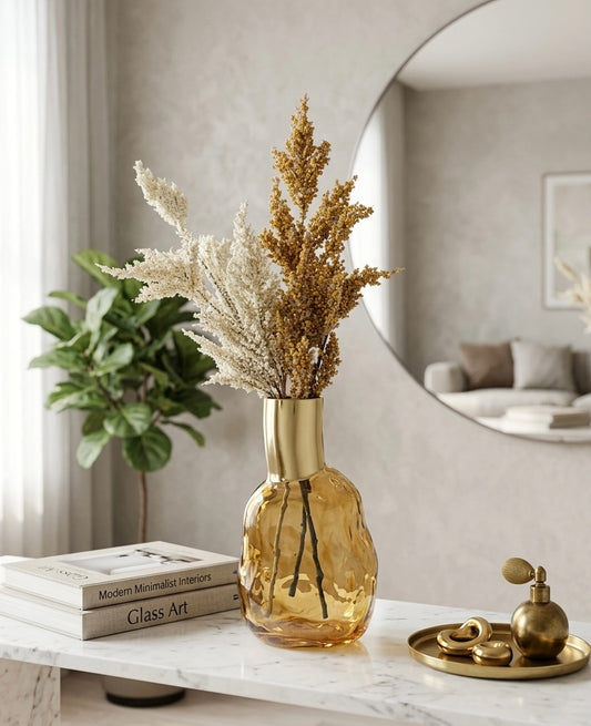 Gilded Amber Irregular Glass Vase & Botanical Set
