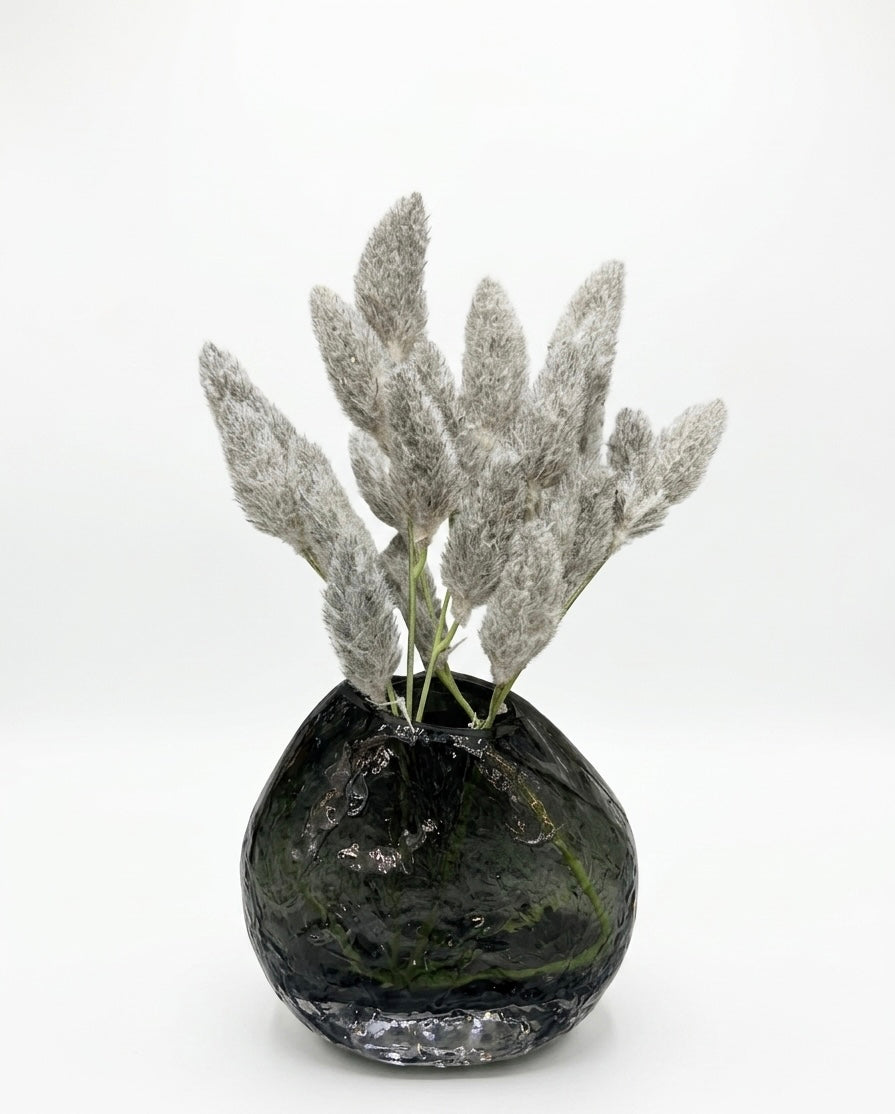 Crackle-Glass "Orb" Vase with Soft Silver-Grey Reeds