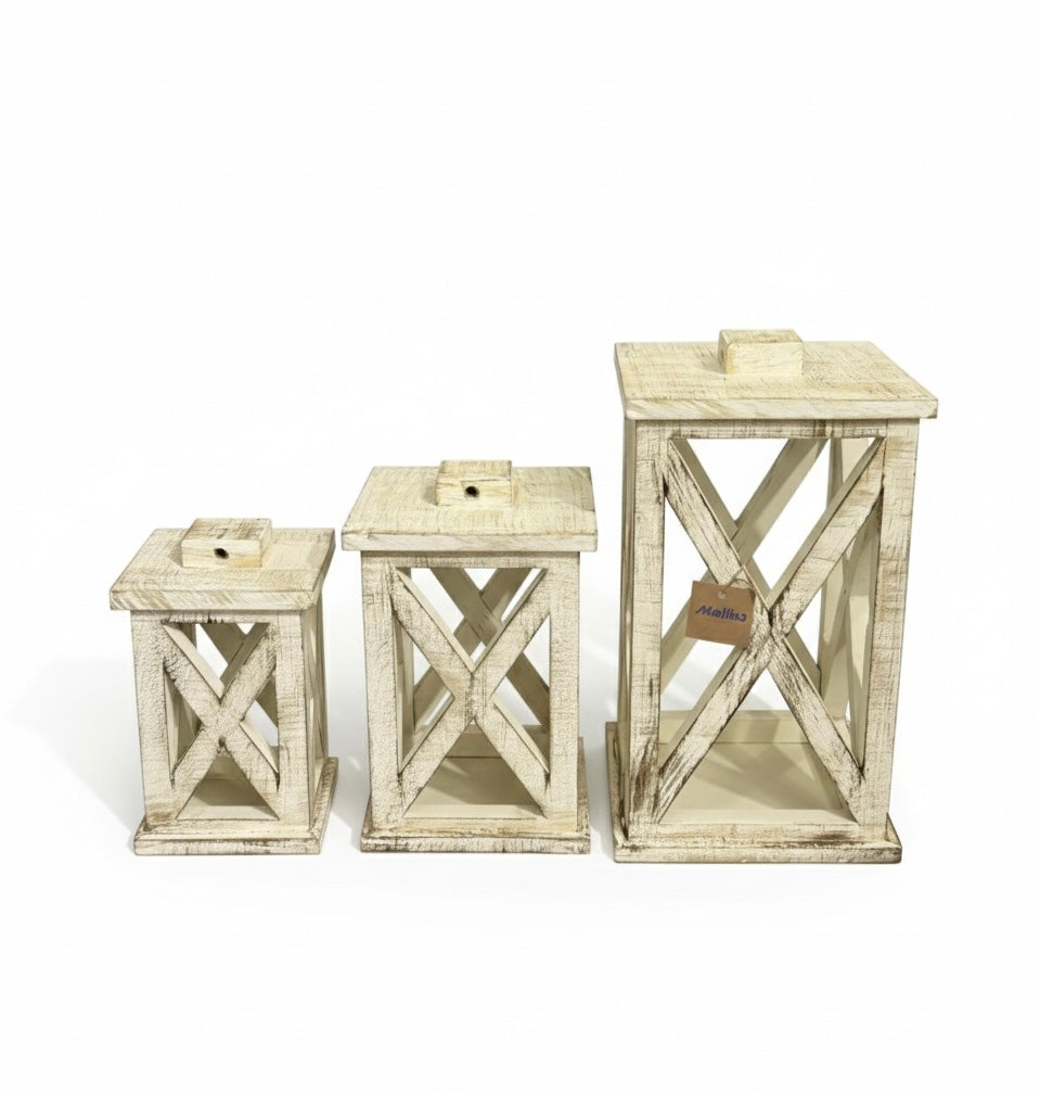Hand-Finished Wooden Lantern Set with Fairy Lights