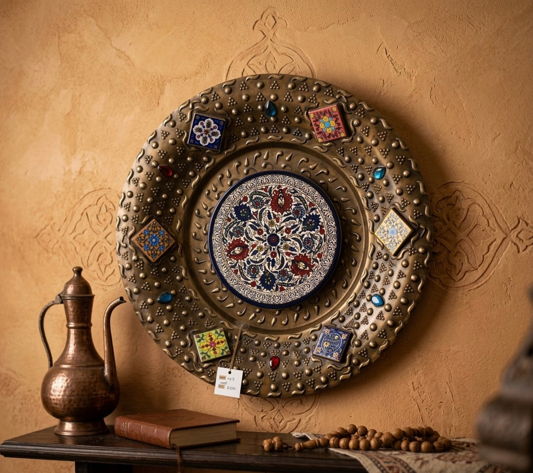 Handcrafted Copper Wall Plate with Mosaic Tiles and Gemstone Accents