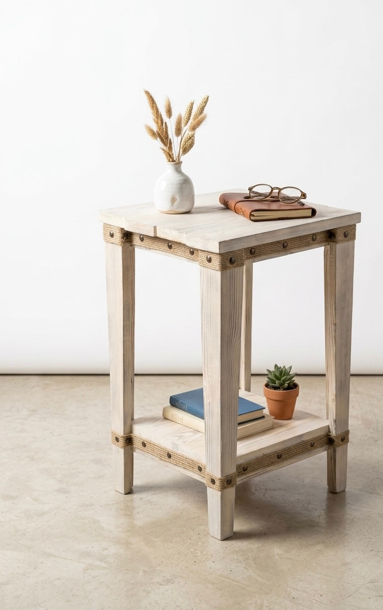 Rustic Whitewashed Two-Tier Side Table