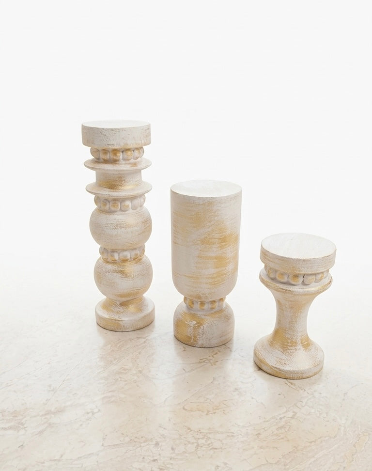 Antique  Hand-Carved Wooden Pillar Holders – Trio Set