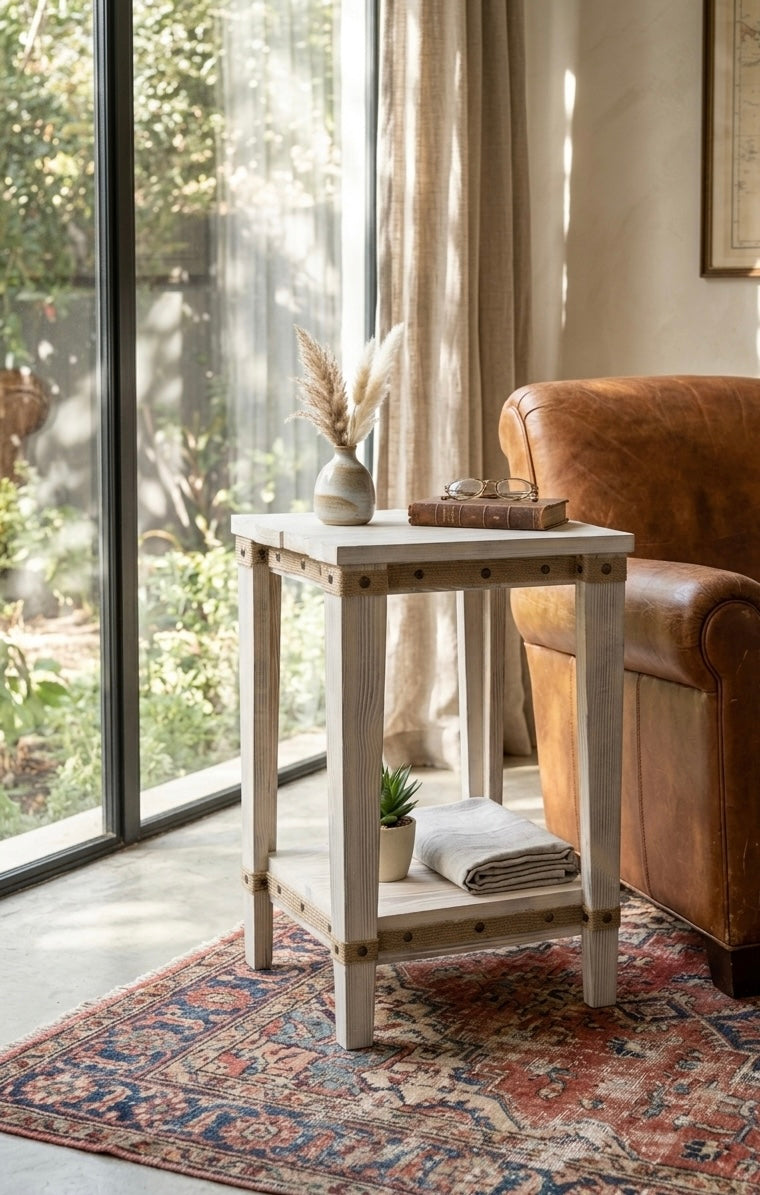 Rustic Whitewashed Two-Tier Side Table