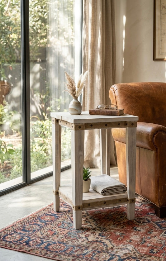 Rustic Whitewashed Two-Tier Side Table