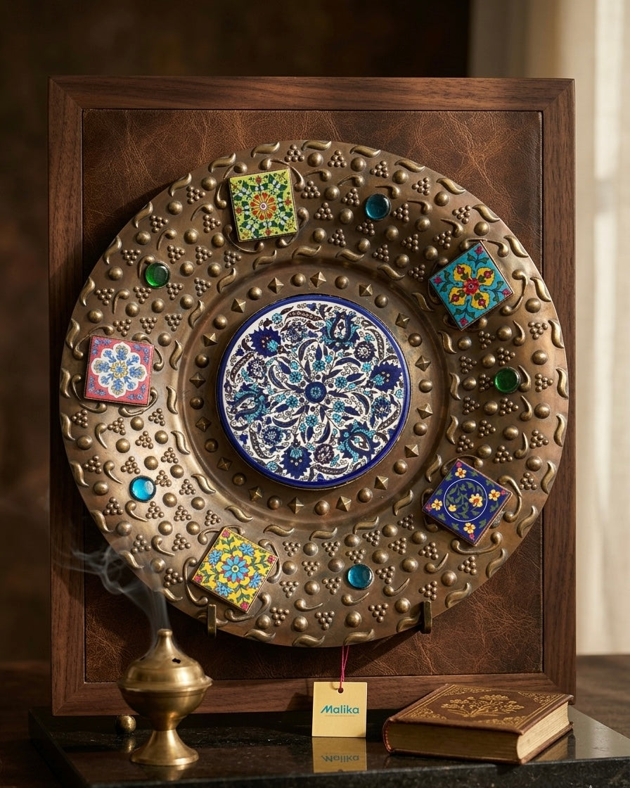 Handcrafted Copper Wall Plate with Mosaic Tiles and Gemstone Accents