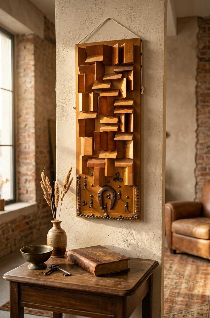 Brutalist Geometric Wooden Wall Art & Key Holder