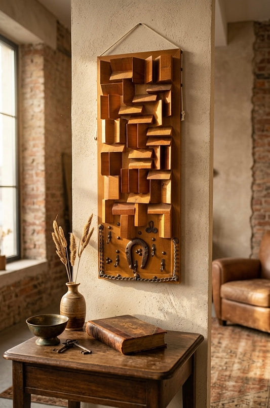 Brutalist Geometric Wooden Wall Art & Key Holder