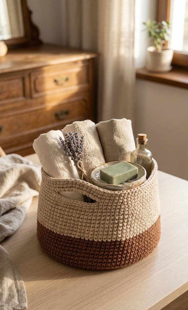 Two-Tone Hand-Crocheted Storage Basket