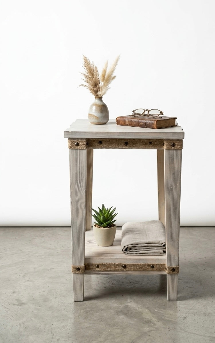 Rustic Whitewashed Two-Tier Side Table