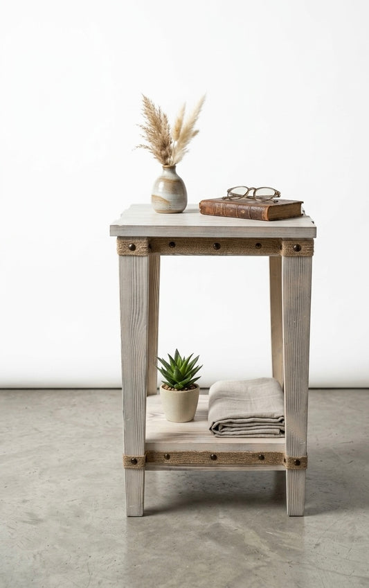 Rustic Whitewashed Two-Tier Side Table