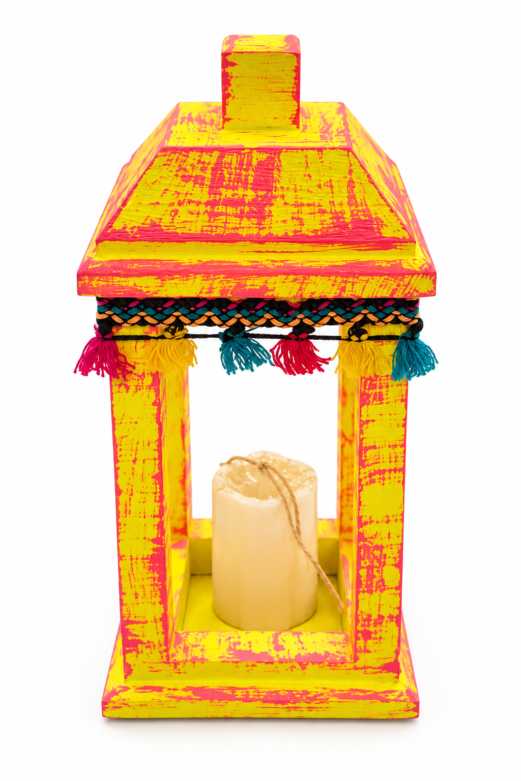 Joyful Heritage Lantern – Distressed  Wood Decor with Colorful Trim