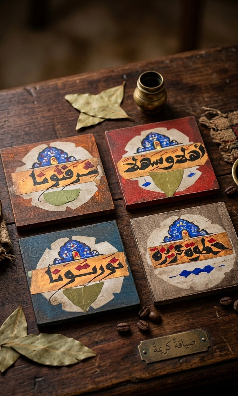 Handmade Wood Coaster Set with Arabic Calligraphy (Set of 4)
