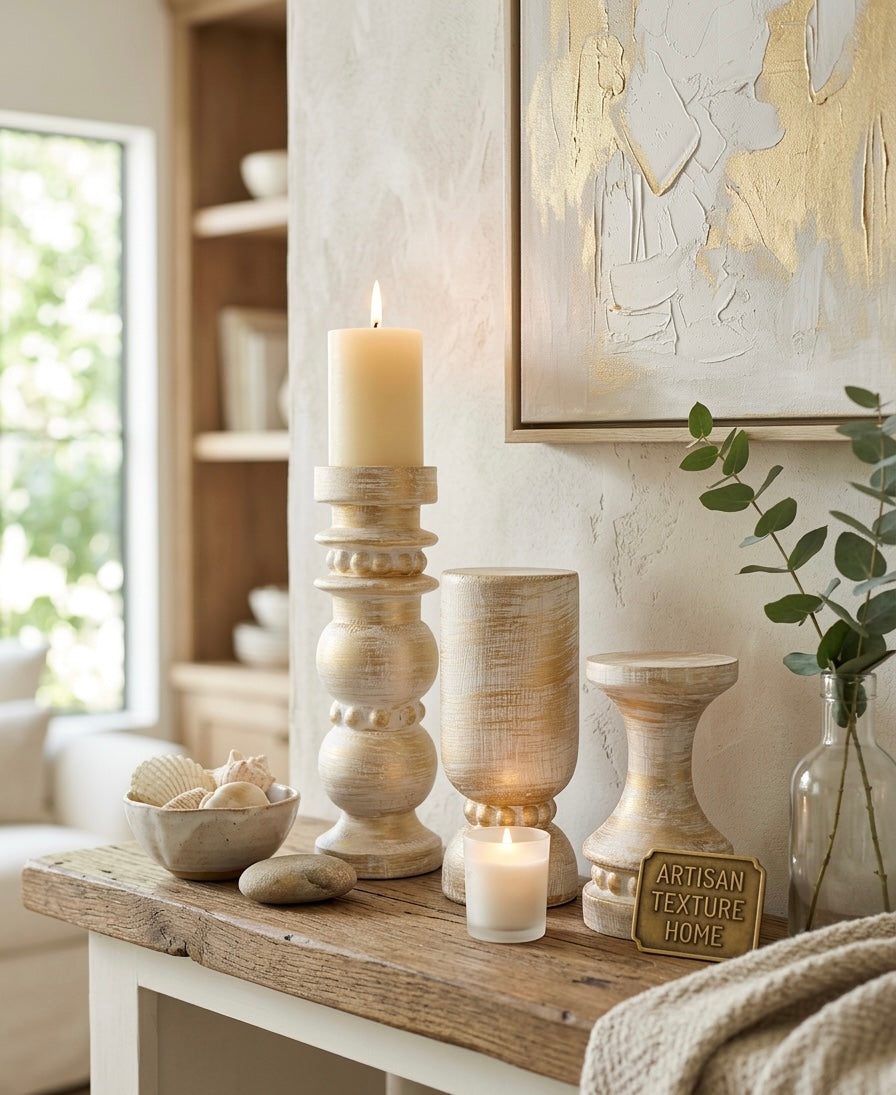 Antique  Hand-Carved Wooden Pillar Holders – Trio Set