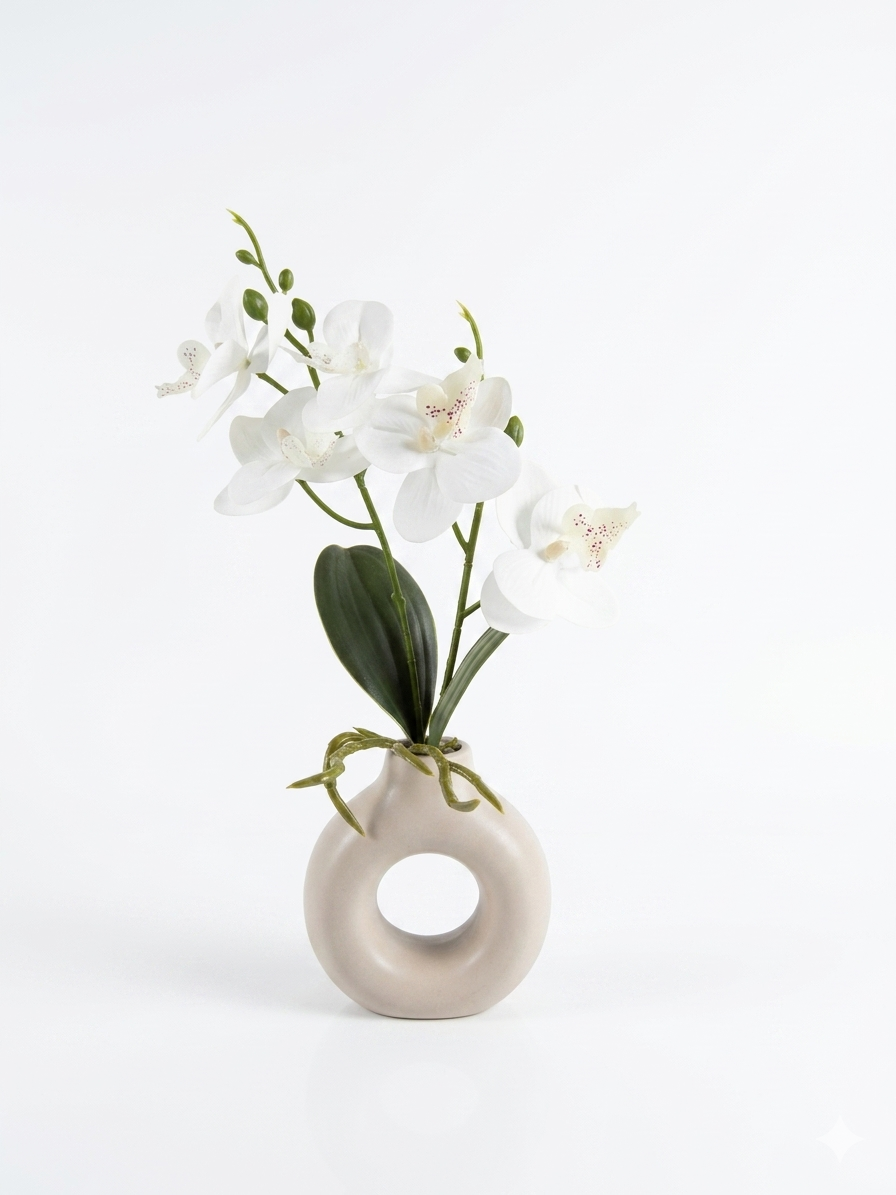 Elegant Faux White Orchid in Modern Ceramic Donut Vase