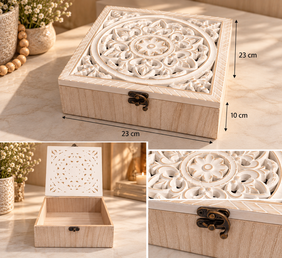 Ornate Carved Wooden Keepsake Box – White & Natural Wood