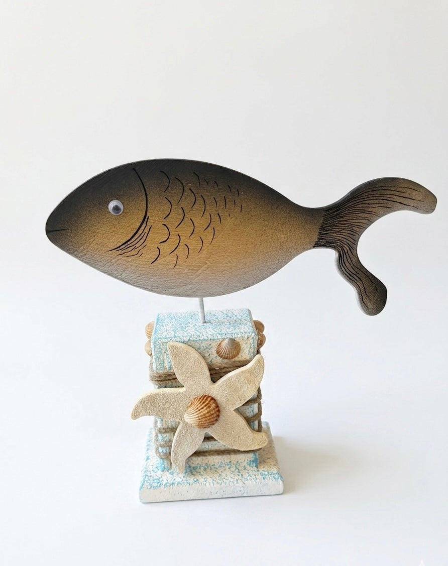 Handcrafted Coastal Fish Sculpture on Stand – Nautical Tabletop Accent