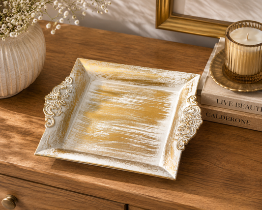 Elegant Distressed Gold & White Decorative Tray