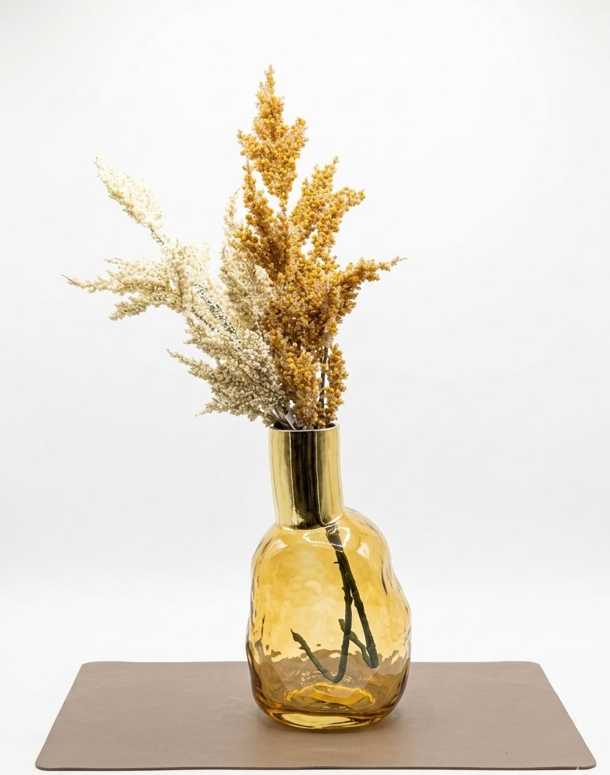 Gilded Amber Irregular Glass Vase & Botanical Set
