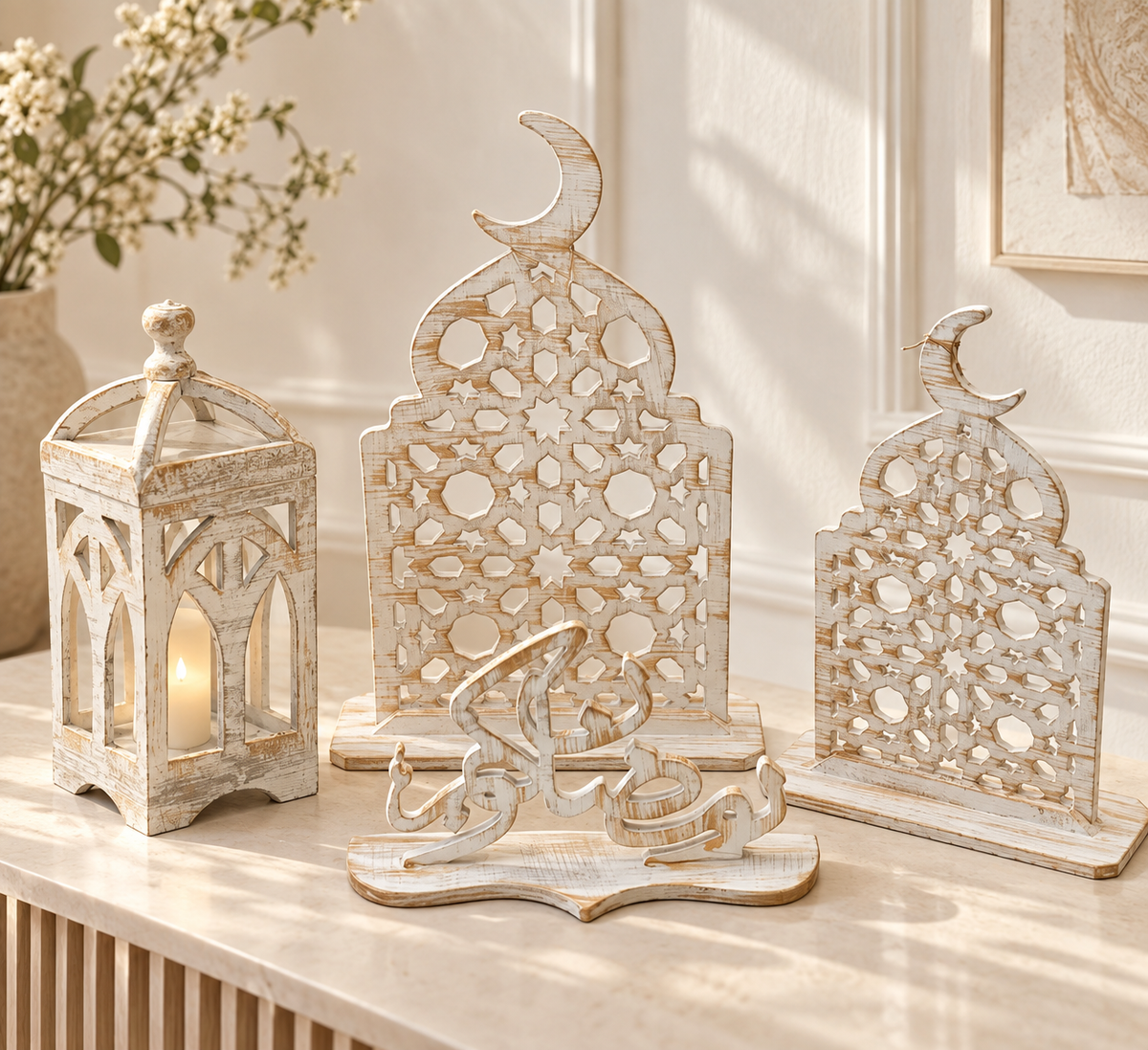 Rustic Whitewashed Ramadan Set – 4-Piece Islamic Home Accents