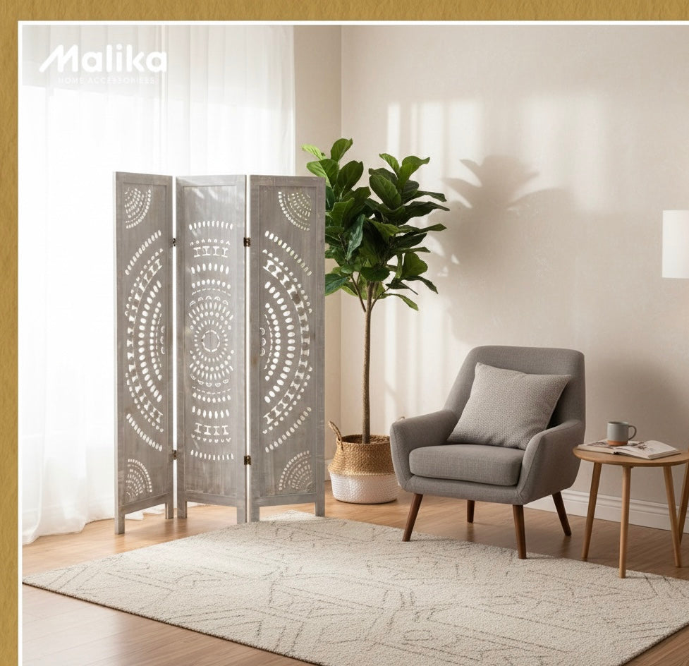 The Mandala Carved Wood Room Divider – Antique White