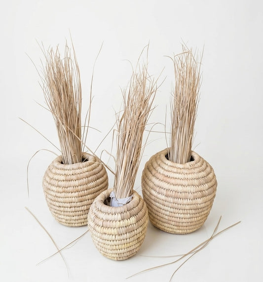 Artisanal Woven Seagrass Floor Vases with Dried Botanical Accents