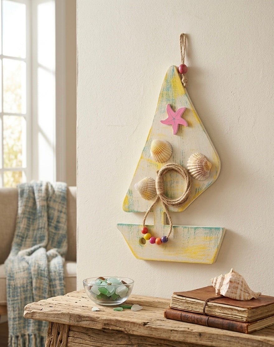 Hand-Painted Distressed Wooden Sailboat Wall Art 