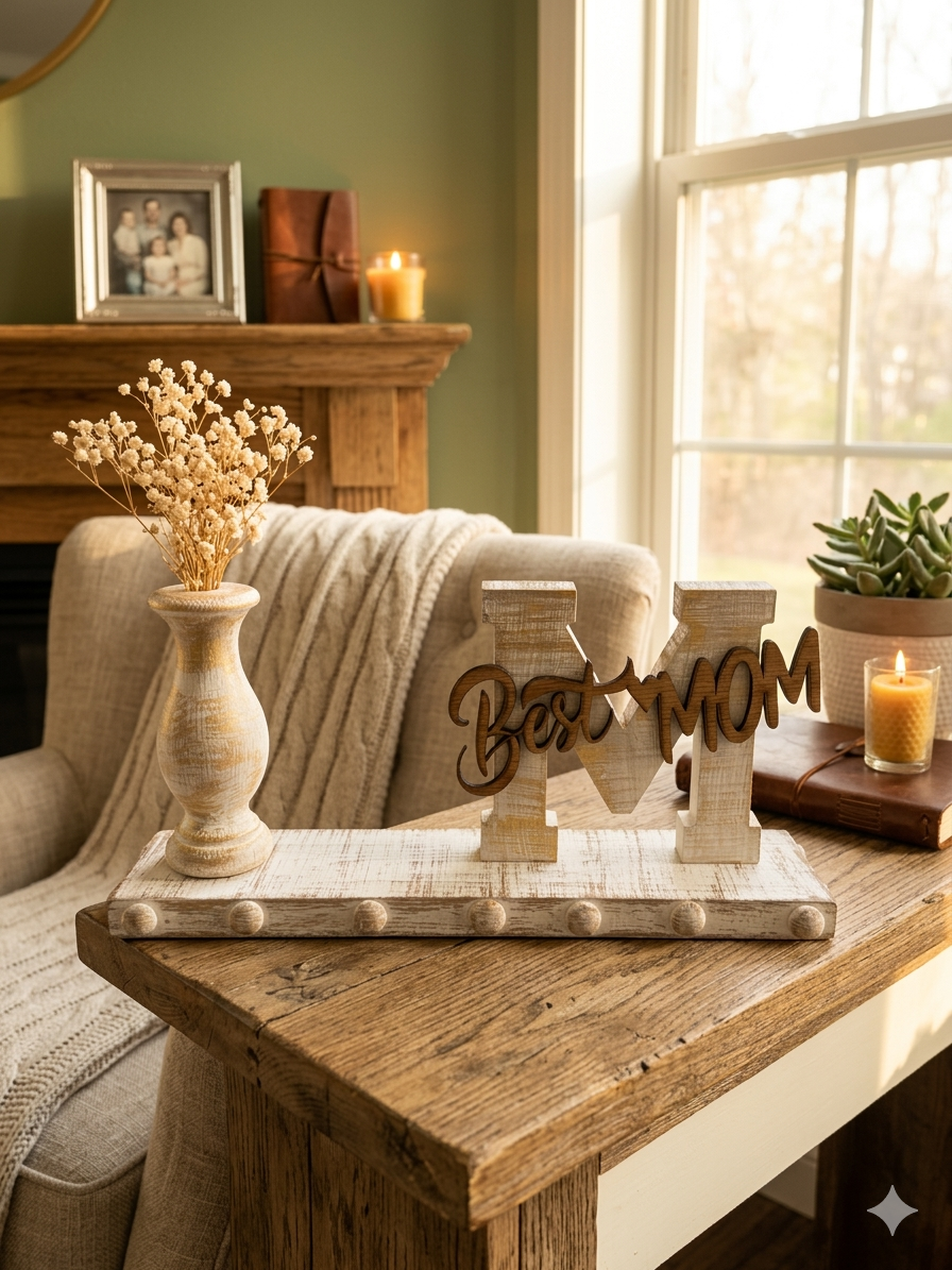 Rustic "Best Mom" Wooden "M" Centerpiece with Bud Vase