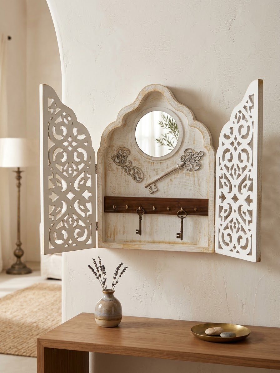 Handcrafted Rustic Wooden Key Cabinet & Mirror Wall Art 