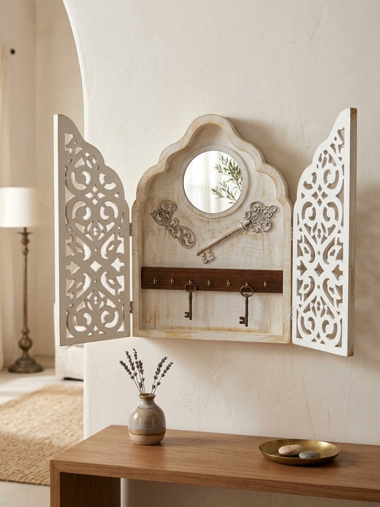Handcrafted Rustic Wooden Key Cabinet & Mirror Wall Art 