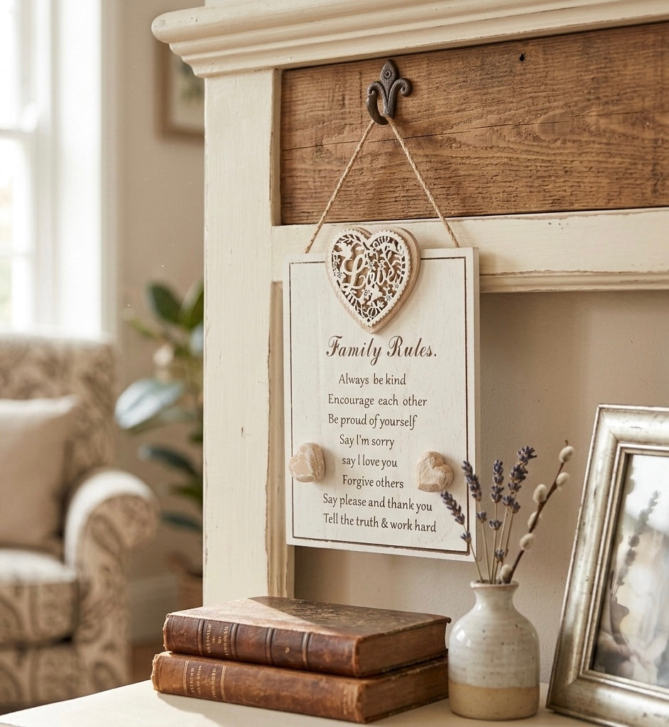 Rustic "Family Rules" Wooden Heart Wall Plaque