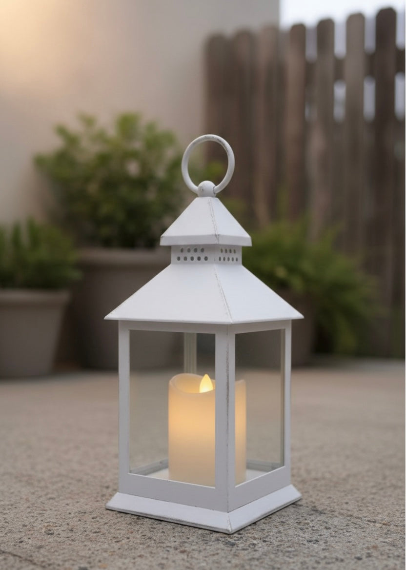 Artisan White & Grey Lantern with LED Candle